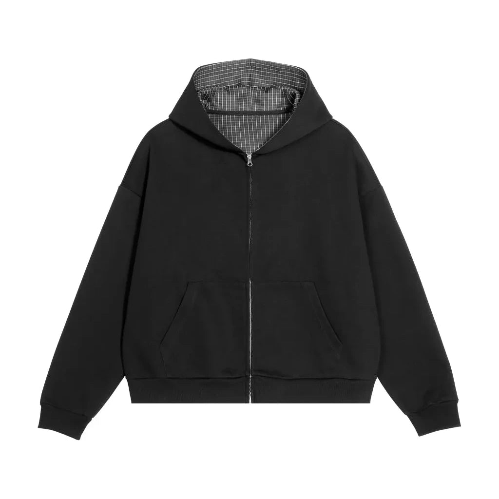 Black hoodie with a checkered hood on a white background