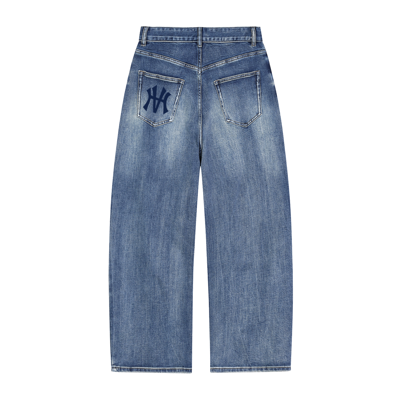 Blue jeans with a logo on the back pocket against a white background