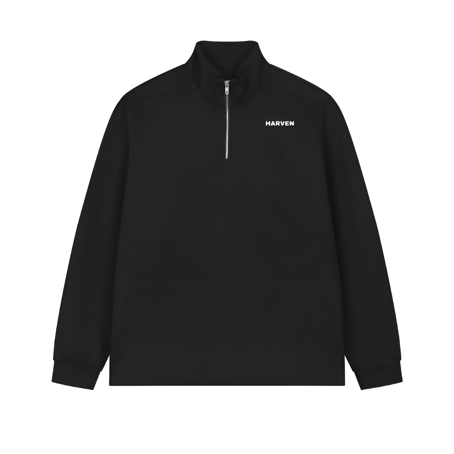 Black quarter-zip sweatshirt with 'Harven' branding on a white background
