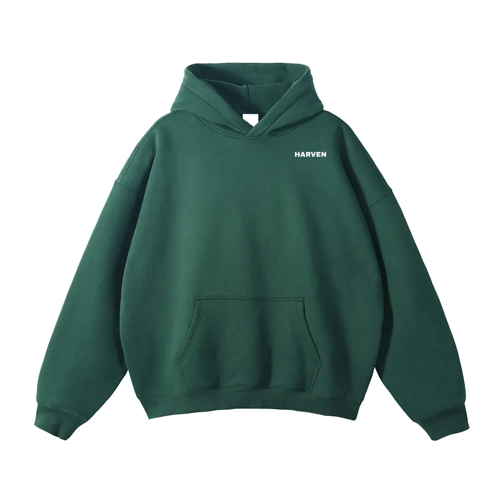 Green hoodie with 'HARVEN' branding on a white background