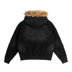 Black hoodie with brown fur lining on a white background